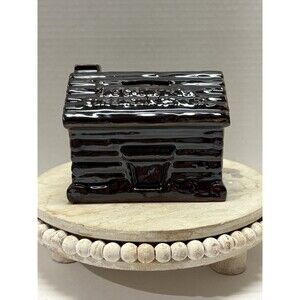 VINTAGE CERAMIC LOG CABIN BANK FOR LINCOLN PENNIES MADE IN JAPAN WITH STOPPER
